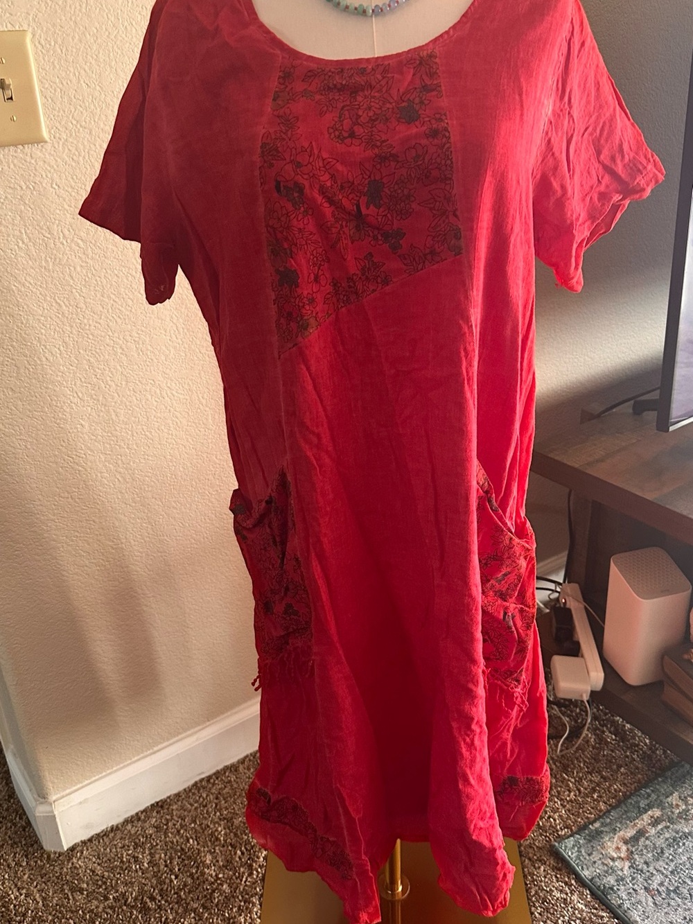 Corey Lynn Calter Bright Red Short-Sleeve Midi Dress with Floral Panel
